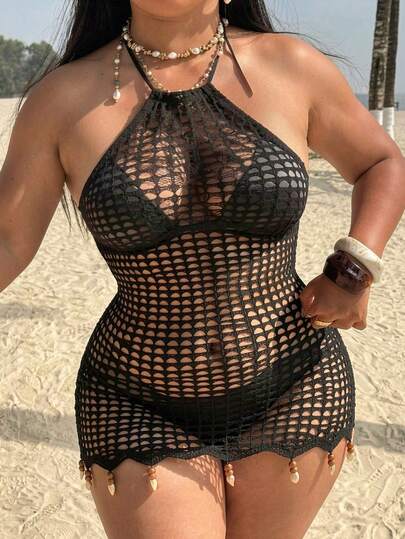 Swim SXY 2026 Nuevo Vestido de Playa Elegante y Sexy para Mujer Talla Grande, Negro, con Cuentas de Concha, Espalda Descubierta, Calado, Tejido de Punto, con Cordones, Casual para Vacaciones, Cubre-Bañador