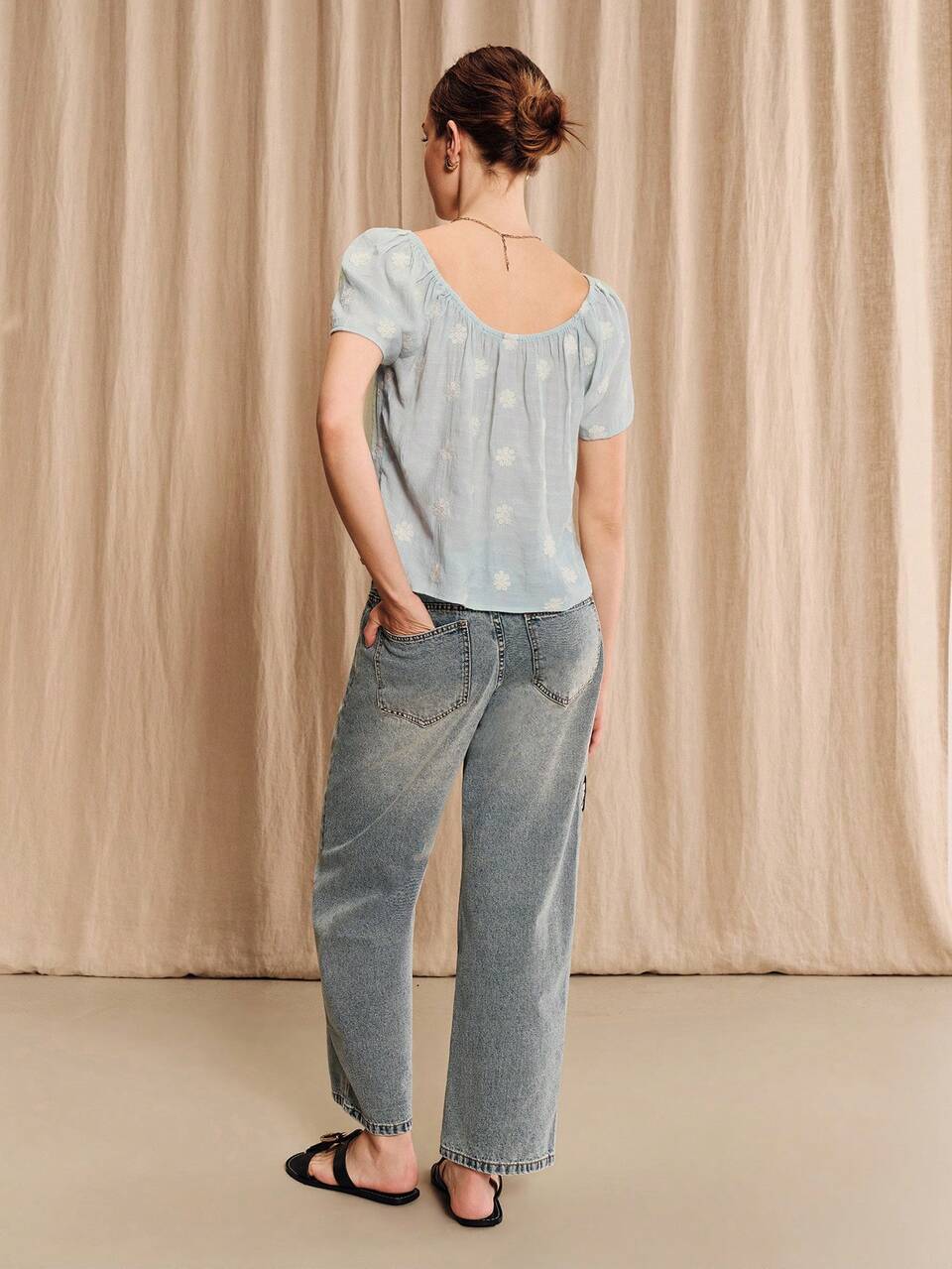 Blue And Cream Floral Embroidered Smock Blouse, Scoop Neckline Loose Fit Summer Holiday Casual Vintage