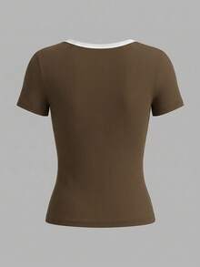 EMERY ROSE Women's Summer Casual Sexy Color Block Collar T-Shirt Daytime White And Brown Everyday - Brown - View 2