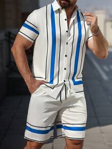 Manfinity Homme 男士夏季条纹短袖单排扣休闲衬衫 - 彩色 - 查看 3