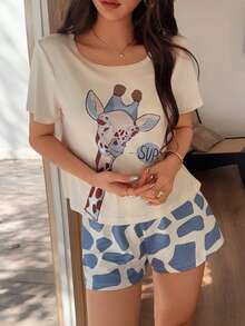 Women's Casual Fun Giraffe Print Pajama Set - Apricot - View 3