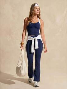 WanderVale Women's Colorblock Tank Top And Flared Long Pants 2 Pieces Set - Navy Blue - View 1