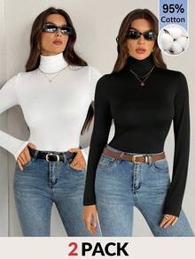SHEIN Tall 簡約純色修身高領白色上衣，適合秋冬，黑+白2件組，棉混紡舒適，適合度假、日常穿著，適合春夏，適合高個女性 - 彩色 - 查看 2