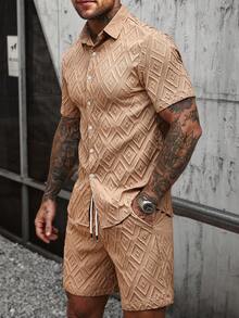SLATEMANN Men's 2 Pieces Outfits Summer,Geometric Diamond-Textured Jacquard Short Sleeve Shirt & Shorts Set,Khaki Casual Resort Vacation Holiday Men Clothing - Maroon - View 3