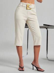 Hauture Women's Sexy Elegant Casual Office Brunch Business Capri Pants With Metal White Buckle Design Teachers' Day Summer - Apricot - View 2