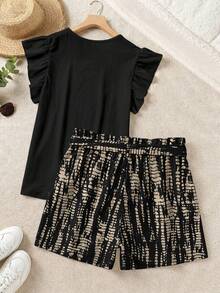 Comfylo Plus Size Solid Color Fashion Round Neck Ruffle Sleeve T-Shirt And Lace-Up Shorts 2pcs Set - Multicolor - View 2
