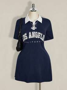 SHEIN ICON 女款大尺碼 POLO 領黑白對比迷你洋裝 - 藏蓝色 - 查看 3