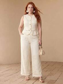 MOTF PREMIUM PANTALONES LARGOS BORDADOS CALADOS PARA MUJER TALLA GRANDE, PRIMAVERA/VERANO - Albaricoque - Ver 2
