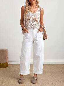 EMERY ROSE Plus Size Solid Color Slant Pocket Casual Straight Leg Jeans - White - View 6