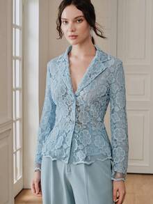 Anewsta Women's Blue Blazer Jacket With Lapel, Padded Shoulders, Floral Lace And Resin Buttons, Slim Fit Waist, Long Sleeve Cardigan, French Elegant Elegant Blouse - Blue - View 2