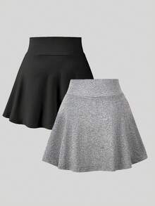 Souflis Souflis 女童 2 件組防磨損裙褲套裝，夏季純色針織 A 字裙內含內襯短褲，適合學校、運動與日常穿著，秋季適用 - 黑色 - 查看 2