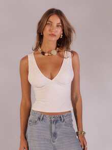 Aralina Women's Solid Color Minimalist Casual Elegant Daily Wear Brunch Everyday LACE CUP LOW V JERSEY TOP Off-White Summer - Multicolor - View 1