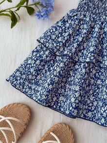 SHEIN Tween Girl Solid Color Halter Top And Floral Ruffle Hem Skirt Set - Blue and White - View 5