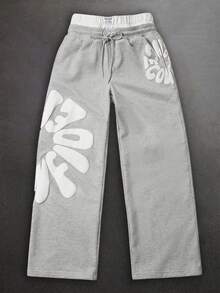 SLATEMANN Men's Letter Print Drawstring Waist Loose Fit Casual Sweatpants Sweatpants Grey Stacked Sweat Pants - Grey - View 7