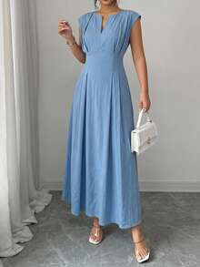 SHEIN Clasi Plus Size Small V-Neck Waist-Defining Flared Long Casual Daily Women's Dress - Blue - View 3