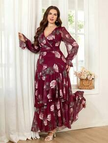Reflora Plus Size Elegant Floral All-Over Print Dress - Burgundy - View 7