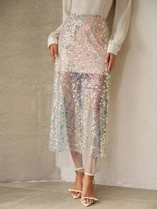 Anewsta Summer Fashion Elegant Ocean Shell Iridescent Sequin Mid-Waist Women's Skirt - Apricot - View 6