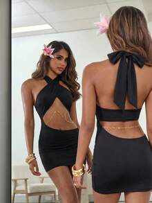 SHEIN ICON Women's Solid Color Criss-Cross Cutout Design Sexy Halter Neck Mini Dress - Black - View 5