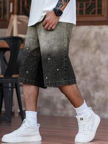 Manfinity EMRG Men's Plus Size Rhinestone Embellished Wide Leg Denim Shorts - Light Grey - View 6