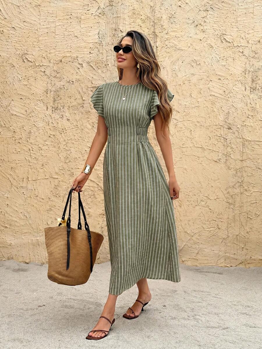 SHEIN Frenchy 女款圓領條紋休閒派對中長洋裝
