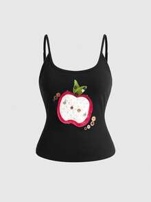 ROMWE Avant Y2K Vintage Spring/Summer All-Match Versatile Apple Patchwork Floral Embroidery Button Decor Plus Size Camisole And Tank Top - Black - View 1