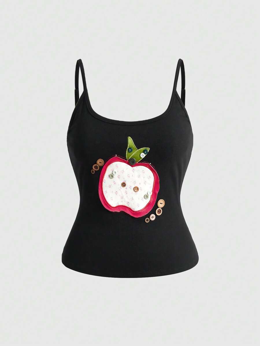 ROMWE Avant Y2K Vintage Spring/Summer All-Match Versatile Apple Patchwork Floral Embroidery Button Decor Plus Size Camisole And Tank Top - Black - View 1