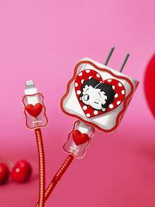 Betty Boop x SHEIN Data Cable Protector, Suitable For IPhone Charger, 4-Piece Set Of Mobile Phone Cable Protectors, Charger Protector (Excluding Data Cable) - Red - View 2