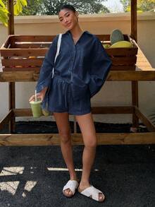 Muchica Set Kemeja dan Celana Pendek Tenun Kasual Musim Panas Terbaru untuk Wanita - Navy Blue - View 6
