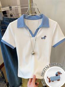 SHEIN Tween Girls' Casual School Style White&Blue Contrast Collar Knit Fitted Crop Top,Cartoon Logo Embroidery,Ribbed Cuffs POLO Shirt,Back To Outfit - White - View 5