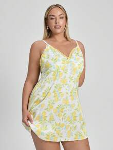 LUVLETTE 大尺碼女款夏季清新檸檬圖案緞面睡裙 無袖細肩帶輕盈透氣睡衣 曲線大尺碼內衣 - 黃色 - 查看 11