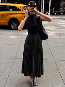 Firerie Falda plisada de unicolor para uso diario negro verano para mujer - Negro - Ver 3