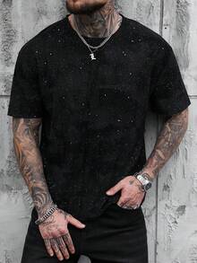 SLATEMANN 男士亮面水鑽短袖T恤，閃亮星星哥德風街頭穿搭，休閒圓領落肩上衣，夏季黑白城市度假風 - 黑色 - 查看 7