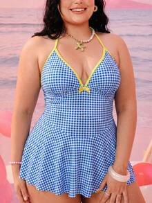 Swim Mod 2026 New Spring/Summer Plus Size Women's Vacation Beach Plaid Halter Tankini Set - Multicolor - View 1