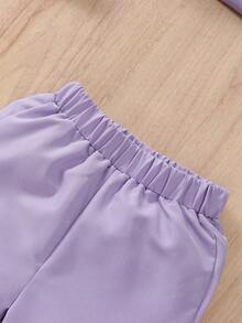 SHEIN Elladie kids 少女紫色西裝外套、細肩帶針織上衣、短褲夏季套裝，上衣搭配同款碎花，休閒度假優雅套裝 - 紫色 - 查看 5