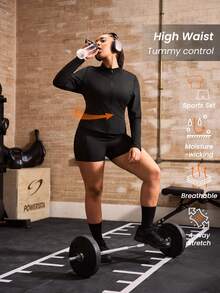 Powerista Women's Plus Size Summer Minimalist Solid Color Zipper Front Top And Shorts Sports Set - Black - View 2