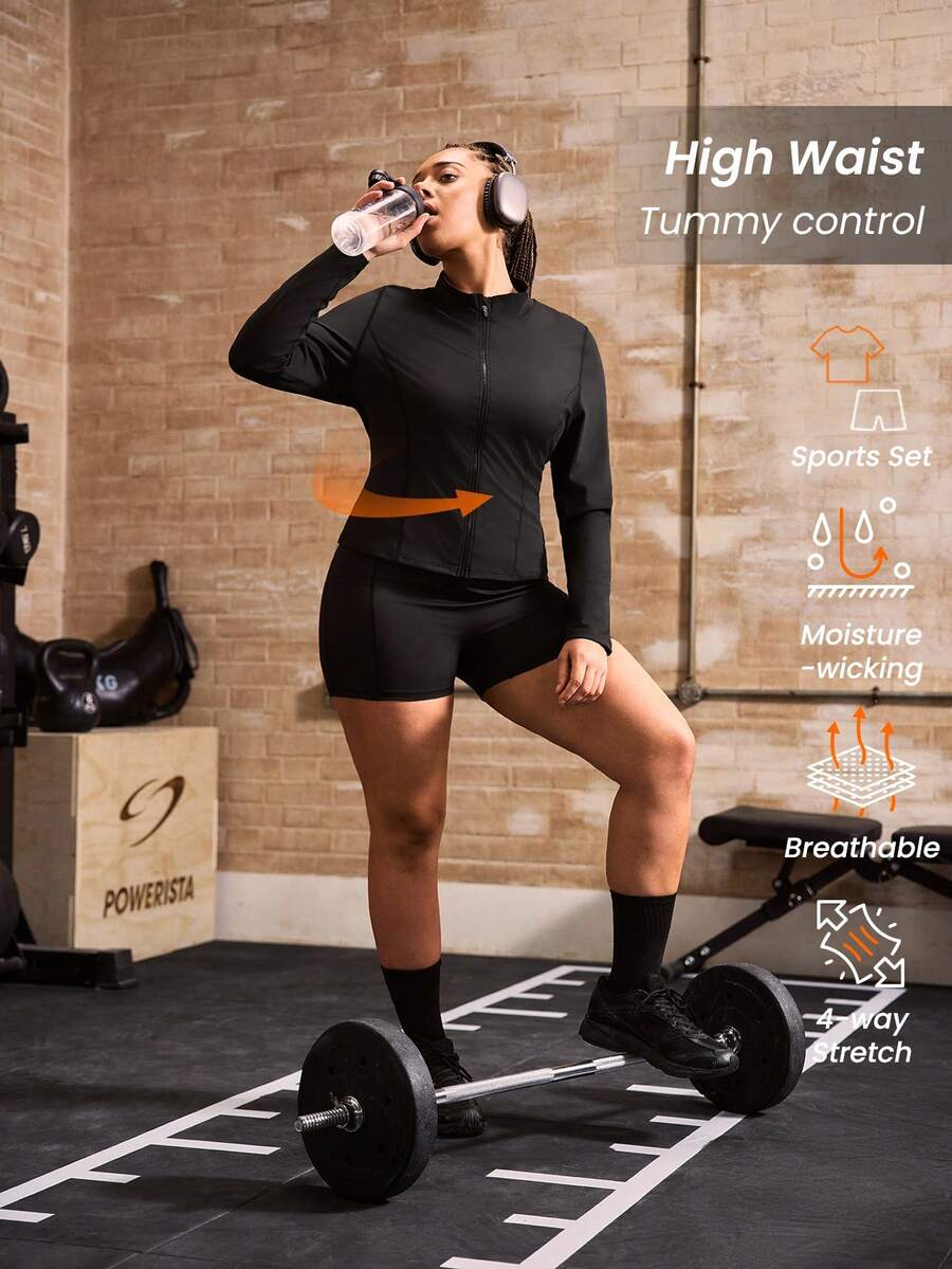 Powerista Women's Plus Size Summer Minimalist Solid Color Zipper Front Top And Shorts Sports Set