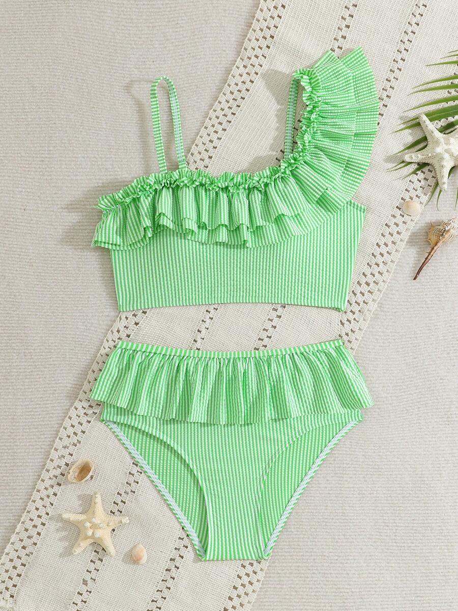 SHEIN Tween Girls Bikini Sets, Blue And White Patchwork Striped Cute Ruffle Asymmetrical Shoulder Flounce Adjustable Strap Ruffle Trim Triangle Bikini Two Pieces Swimsuit Set - Green - View 1