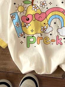 返校季，幼女休閒極簡可愛卡通文具圖案，PRE-K，蛋黃色，圓領短袖T恤適合夏季開學，圖案，日系可愛，舒適，可愛上衣，春季/夏季 - 彩色 - 查看 6