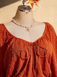 SHEIN ICON 大尺碼V領繫帶腰身A字版褶邊裙襬洋裝，波希米亞風洋裝，度假適用，適合春季 - 橘色 - 查看 5