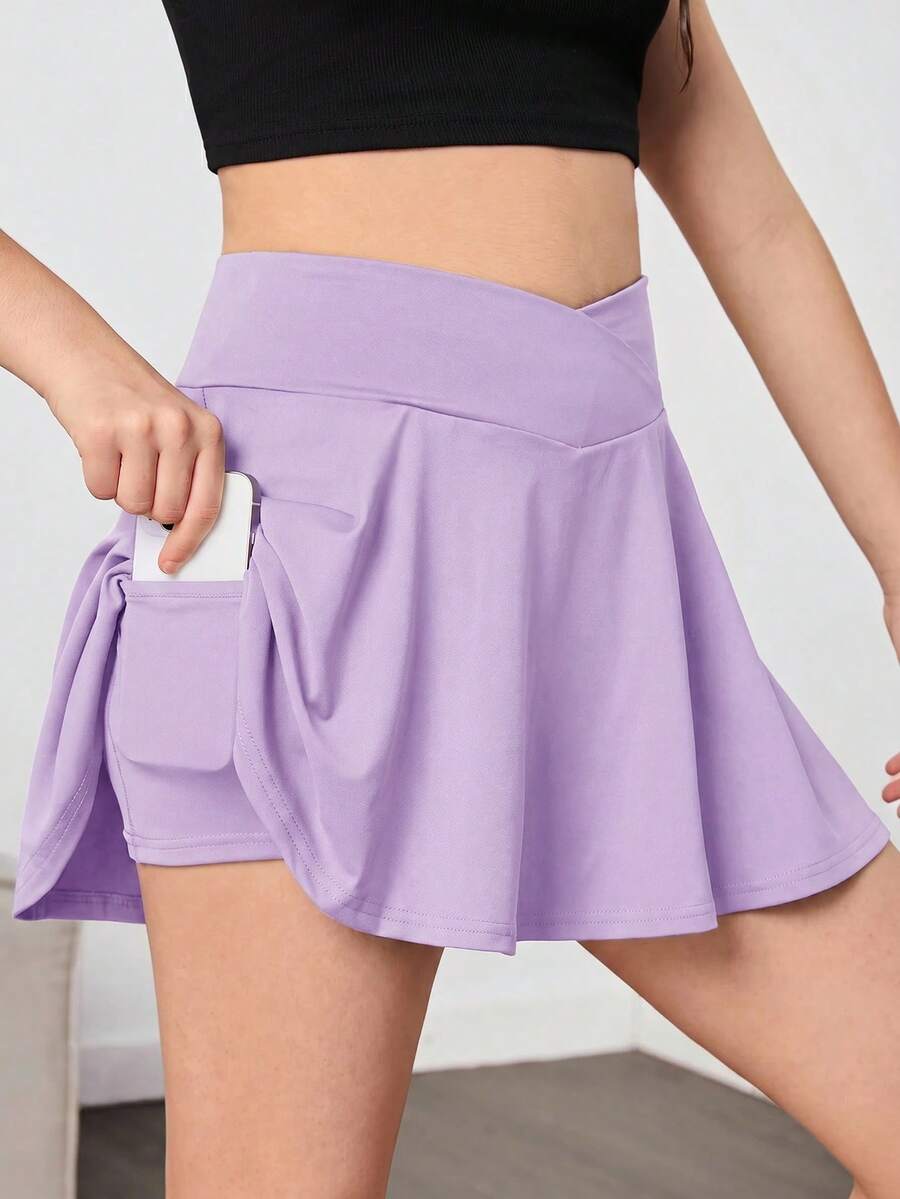 SHEIN 少女春夏季休閒運動高彈力舒適交叉腰褶邊下擺喇叭裙褲,附手機口袋,瑜伽穿著 - 紫色 - 查看 1