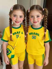 SHEIN 2件組青少年女孩活力陽光黃、金色星芒、黃金海岸、復古時尚綠色BRAZIL字母印花、對比領口、年輕女孩休閒極簡短袖修身圓領T恤搭配緊身短褲，適合春夏季日常穿著 - 彩色 - 查看 4