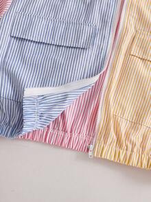 SHEIN Tween Girl Contrast Color Striped Patchwork Hooded Jacket - Multicolor - View 4