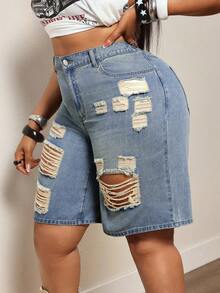 Slaydiva Plus Size Women Summer Cowgirl Style Blue Non-Stretch Distressed Straight Leg Pants - Light Wash - View 3