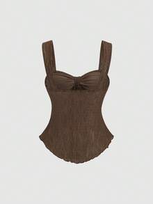 Sweetra Spring/Summer New Wide Strap Bow Textured Fabric Top, Sweet And Fashionable, Suitable For Daily Wear - Chocolate Brown - View 2