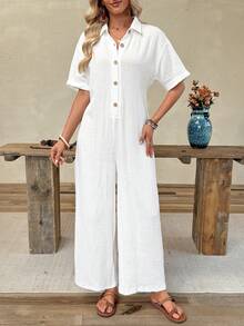 EMERY ROSE Áo sơ mi jumpsuit nữ màu trơn tay ngắn, vạt cài nút nửa thân, phong cách casual cho đi du lịch - trắng - Xem 8