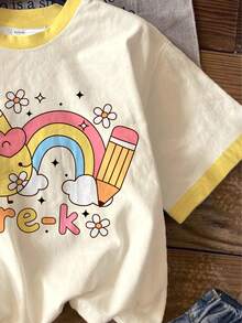 返校季，幼女休閒極簡可愛卡通文具圖案，PRE-K，蛋黃色，圓領短袖T恤適合夏季開學，圖案，日系可愛，舒適，可愛上衣，春季/夏季 - 彩色 - 查看 5