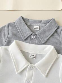 Playful Pals Baby Boy Summer Knit Romper Set, Solid Color Short Sleeve Half-Button Front Romper 2pcs, Suitable For Casual Outings - Grey - View 4
