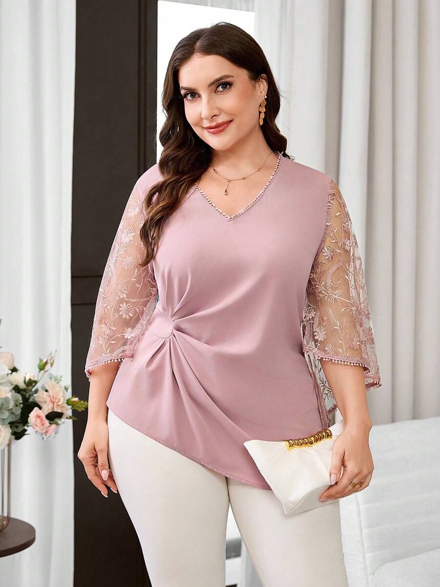 Reflora Plus Size V-Neck Floral Embroidery Pattern Pleated Casual Elegant Versatile Daily Evening Formal Party Outing Shirt Dusty Pink Autumn Fall - Pink - View 1