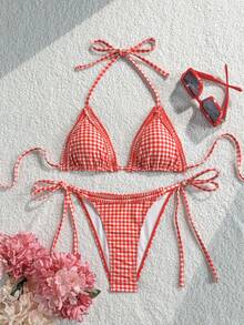 Swim Mod 夏季海灘女款兩件式咖啡棕色格紋印花荷葉邊波浪邊掛脖綁帶上衣搭配側抽繩比基尼泳褲泳裝套裝 - 紅色 - 查看 1