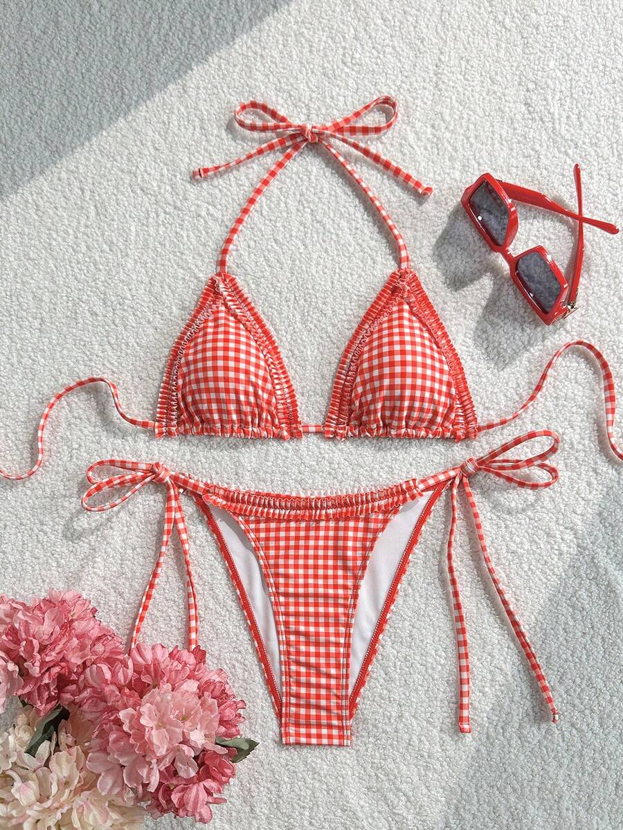 Swim Mod 夏季海灘女款兩件式咖啡棕色格紋印花荷葉邊波浪邊掛脖綁帶上衣搭配側抽繩比基尼泳褲泳裝套裝 - 紅色 - 查看 1